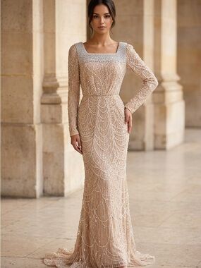 Elegant Beaded Long-Sleeve Wedding/Evening Gown